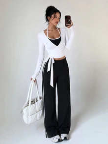 FavEase 3pcs Women's Autumn/Winter Sports Athleisure Athletic Modest Set, Black And White, Jacket With Drawstring Long Sleeve Top, 2 In 1 Spaghetti Strap Top - Multicolor - View 6