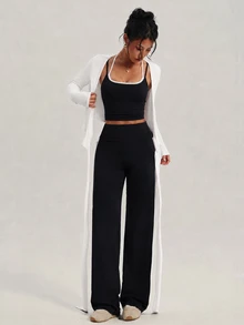 FavEase 3pcs Women's Autumn/Winter Sports Athleisure Athletic Modest Set, Black And White, Jacket With Drawstring Long Sleeve Top, 2 In 1 Spaghetti Strap Top - Multicolor - View 2