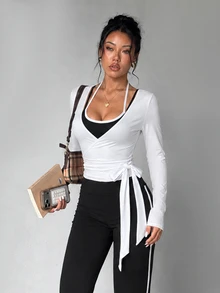 FavEase 3pcs Women's Autumn/Winter Sports Athleisure Athletic Modest Set, Black And White, Jacket With Drawstring Long Sleeve Top, 2 In 1 Spaghetti Strap Top - Multicolor - View 8