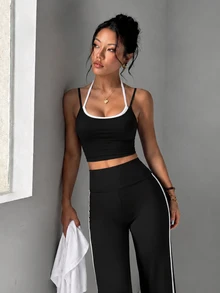 FavEase 3pcs Women's Autumn/Winter Sports Athleisure Athletic Modest Set, Black And White, Jacket With Drawstring Long Sleeve Top, 2 In 1 Spaghetti Strap Top - Multicolor - View 5