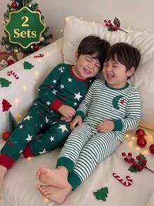Young Boy 1pc Striped & Star Print Sleep Top & 1pc Sleep Pants - Multicolor - View 1