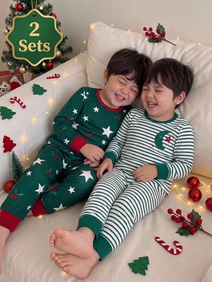 Young Boy 1pc Striped & Star Print Sleep Top & 1pc Sleep Pants - Multicolor - View 1