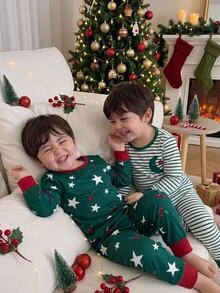 Young Boy 1pc Striped & Star Print Sleep Top & 1pc Sleep Pants - Multicolor - View 11