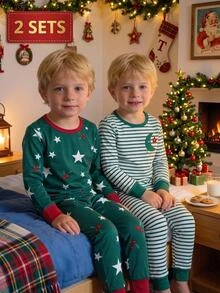 Young Boy 1pc Striped & Star Print Sleep Top & 1pc Sleep Pants - Multicolor - View 10