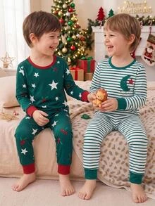 Young Boy 1pc Striped & Star Print Sleep Top & 1pc Sleep Pants - Multicolor - View 4