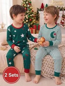 Young Boy 1pc Striped & Star Print Sleep Top & 1pc Sleep Pants - Multicolor - View 8