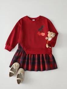 THE HAPPY LOOK Young Girl Strawberry Pattern Knitted Soft Round Neck Long Sleeve Plaid Patchwork Dress - Multicolor - View 2