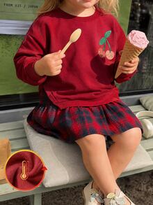 THE HAPPY LOOK Young Girl Strawberry Pattern Knitted Soft Round Neck Long Sleeve Plaid Patchwork Dress - Multicolor - View 7