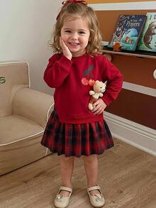 THE HAPPY LOOK Young Girl Strawberry Pattern Knitted Soft Round Neck Long Sleeve Plaid Patchwork Dress - Multicolor - View 8