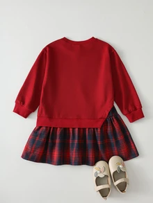 THE HAPPY LOOK Young Girl Strawberry Pattern Knitted Soft Round Neck Long Sleeve Plaid Patchwork Dress - Multicolor - View 3