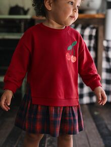 THE HAPPY LOOK Young Girl Strawberry Pattern Knitted Soft Round Neck Long Sleeve Plaid Patchwork Dress - Multicolor - View 6