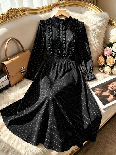 GlowEve CURVE Plus Size Women's Polka Dot Pattern Frill Trim Long Sleeve Elegant Dress Fall