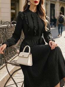 GlowEve CURVE Plus Size Women's Polka Dot Pattern Frill Trim Long Sleeve Elegant Dress Fall - Black - View 3