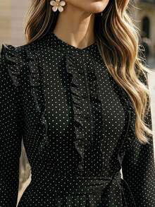 GlowEve CURVE Plus Size Women's Polka Dot Pattern Frill Trim Long Sleeve Elegant Dress Fall - Black - View 6