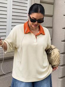 Livesso 對比色拼接寬鬆條紋 Polo 領中袖休閒夏季 T 恤 大尺碼女款 T 恤 - 杏色 - 查看 3