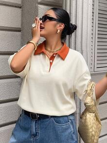 Livesso 對比色拼接寬鬆條紋 Polo 領中袖休閒夏季 T 恤 大尺碼女款 T 恤 - 杏色 - 查看 6