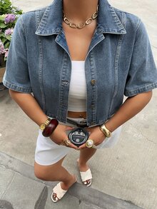 Livesso Washed Denim Shirt, Collared Short Sleeve Cropped Denim Top, Street Style Plus Size Women Spring/Summer - Medium Wash - View 5