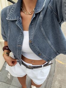 Livesso Washed Denim Shirt, Collared Short Sleeve Cropped Denim Top, Street Style Plus Size Women Spring/Summer - Medium Wash - View 8