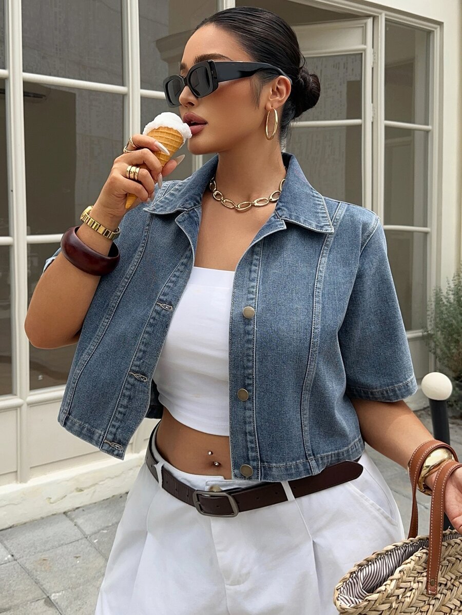 Livesso Washed Denim Shirt, Collared Short Sleeve Cropped Denim Top, Street Style Plus Size Women Spring/Summer - Medium Wash - View 1