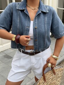 Livesso Washed Denim Shirt, Collared Short Sleeve Cropped Denim Top, Street Style Plus Size Women Spring/Summer - Medium Wash - View 6