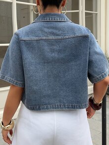 Livesso Washed Denim Shirt, Collared Short Sleeve Cropped Denim Top, Street Style Plus Size Women Spring/Summer - Medium Wash - View 7