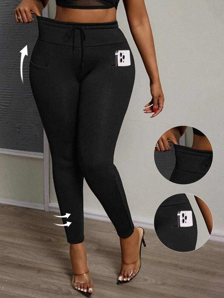 Slaydiva Plus Size Women's Solid Color Drawstring Waist Slim Fit Thermal Lined Casual Leggings - Black - View 8