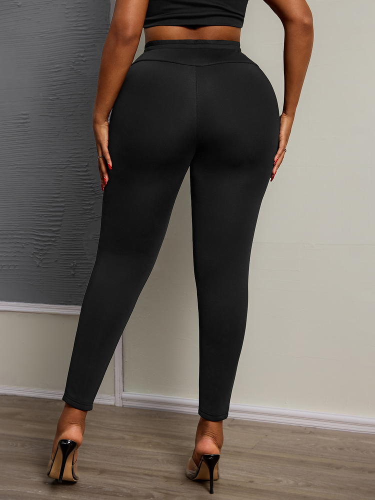 Slaydiva Plus Size Women's Solid Color Drawstring Waist Slim Fit Thermal Lined Casual Leggings - Black - View 2