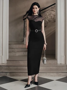 Anewsta New Autumn/Winter Elegant Fashion Sexy Party Date Holiday Mesh Patchwork Long Dress For Women - Black - View 4