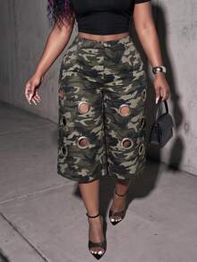 Slaydiva Summer Women's Plus Size Capri Length Pants Camouflage Pattern Cut-Out Design Metal Buckle 90s Cargo Vacation Going Out Olive Green - Army Green - View 2