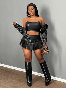 Slaydiva Plus Size/Western Wear Women/Holiday New Year Valentine's Day Fashion Pleated Mini Skirt - Black - View 3