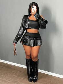 Slaydiva Plus Size/Western Wear Women/Holiday New Year Valentine's Day Fashion Pleated Mini Skirt - Black - View 4
