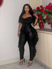 Slaydiva Plus Size Ruffle Trimmed Faux Leather Skinny Pants, Winter - Black - View 4