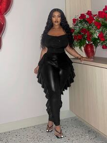 Slaydiva Plus Size Ruffle Trimmed Faux Leather Skinny Pants, Winter - Black - View 6