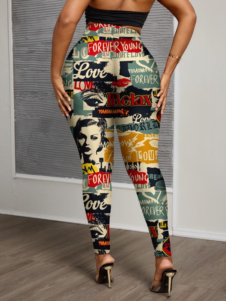 Slaydiva Plus Size Vintage Poster Print Leggings, Suitable For Autumn/Winter - Multicolor - View 2
