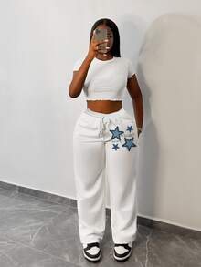 Slaydiva Plus-Size Women's Casual Sweatpants, Straight-Leg Style With Star Print, Comfortable Elastic Waistband-Perfect For Casual Autumn Outfits. - White - View 5