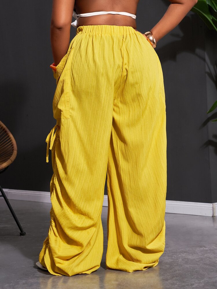 Slaydiva Plus Size Women's Solid Color Loose Side Pleated Drawstring Pants,Yellow,Summer,Boho,Beach,Holiday,Western Nomadic Style Daily Casual Leisure Trousers - Yellow - View 4