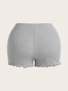 Slaydiva Plus-Size Comfy Casual Basic Simple Solid Color Shorts With Waves Lace Trim Detail For Women - Light Grey - View 2