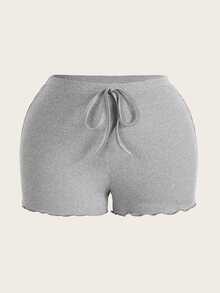 Slaydiva Plus-Size Comfy Casual Basic Simple Solid Color Shorts With Waves Lace Trim Detail For Women - Light Grey - View 3