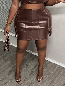 Slaydiva 全新 性感迷你金属拉链开衩仿皮弹力大码女式短裙 - 棕色 - 查看 4