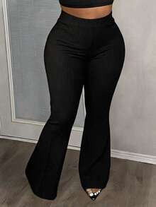 Slaydiva Plus Size Women's Casual Básica Vacation Daily Commute Evening Night Brunch Minimalist Solid Color Textured Fabric Flare Leg Pants Fall Black - Black - View 8