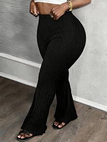 Slaydiva Plus Size Women's Casual Básica Vacation Daily Commute Evening Night Brunch Minimalist Solid Color Textured Fabric Flare Leg Pants Fall Black - Black - View 3