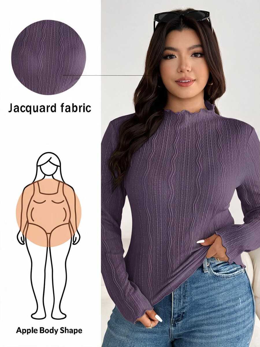 Shapeblank 大尺碼女款立領長袖紋理修身T恤 - 紫色 - 查看 1