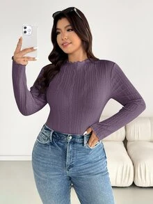 Shapeblank 大尺碼女款立領長袖紋理修身T恤 - 紫色 - 查看 5