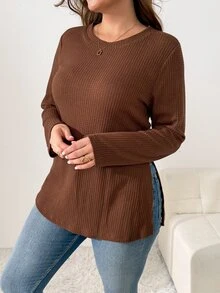 Shapeblank Women's Plus Size Brown Long-Sleeve T-Shirt, Stretchy, Warm, And Side-Slit (Autumn/Winter), Fall, Going Out Top, Fall/Winter, Thanksgiving, New Year - Brown - View 9