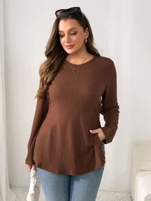 Shapeblank Women's Plus Size Brown Long-Sleeve T-Shirt, Stretchy, Warm, And Side-Slit (Autumn/Winter), Fall, Going Out Top, Fall/Winter, Thanksgiving, New Year - Brown - View 6