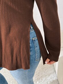 Shapeblank Women's Plus Size Brown Long-Sleeve T-Shirt, Stretchy, Warm, And Side-Slit (Autumn/Winter), Fall, Going Out Top, Fall/Winter, Thanksgiving, New Year - Brown - View 7
