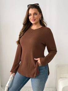 Shapeblank Women's Plus Size Brown Long-Sleeve T-Shirt, Stretchy, Warm, And Side-Slit (Autumn/Winter), Fall, Going Out Top, Fall/Winter, Thanksgiving, New Year - Brown - View 5
