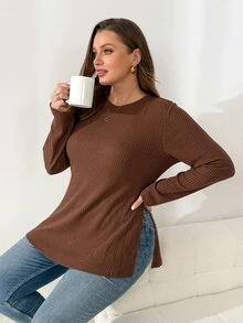 Shapeblank Women's Plus Size Brown Long-Sleeve T-Shirt, Stretchy, Warm, And Side-Slit (Autumn/Winter), Fall, Going Out Top, Fall/Winter, Thanksgiving, New Year - Brown - View 4