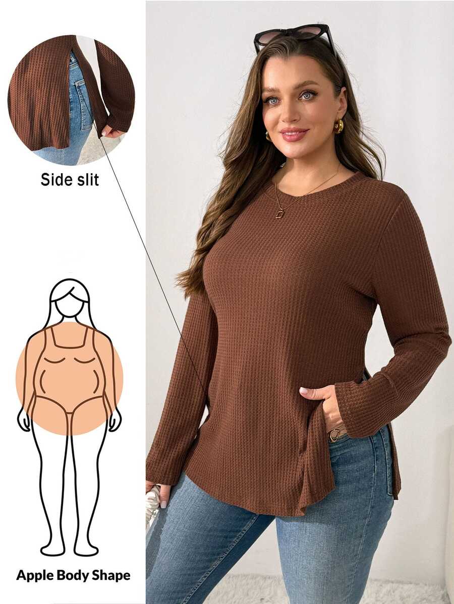 Shapeblank Women's Plus Size Brown Long-Sleeve T-Shirt, Stretchy, Warm, And Side-Slit (Autumn/Winter), Fall, Going Out Top, Fall/Winter, Thanksgiving, New Year