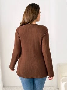 Shapeblank Women's Plus Size Brown Long-Sleeve T-Shirt, Stretchy, Warm, And Side-Slit (Autumn/Winter), Fall, Going Out Top, Fall/Winter, Thanksgiving, New Year - Brown - View 3